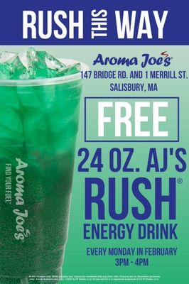 Free rush during rush hours.   Every Monday in February 3-4pm.  24 oz rush