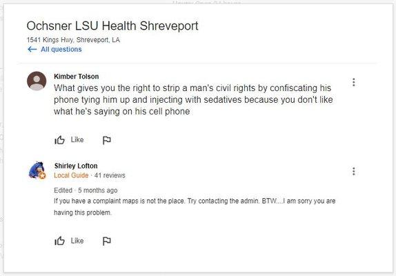 HUMAN RIGHTS VIOLATIONS: http://www.hospitalinspections.org/hospital/ochsner-lsu-health-s-190098 NO GRIEVANCE PROCESS