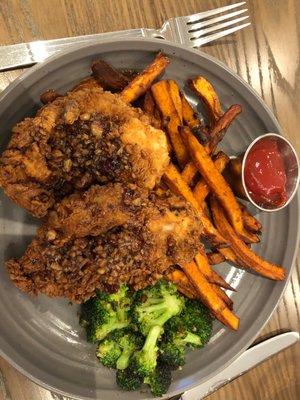 Fried chicken with sweet potato fries. Perfect for a winter night.