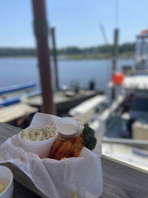 Buffalo shrimp substituted the fries for a delicious coleslaw. Served with their house need ranch. It was divine!