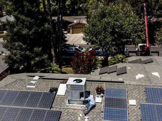 All Climate Air arial shot of new package unit roof installation.