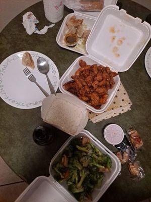 Mandarin Chicken, broccoli shrimp, potstickers and egg rolls.