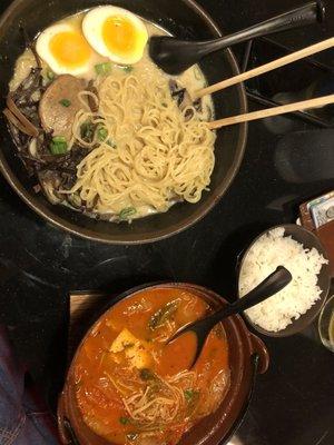 Tonkotsu ramen and spicy tofu nabe