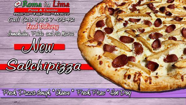 This is our new pizza, a great combination with the salchipapa. Try it, you will love it!! only in Roma in Lima!!!