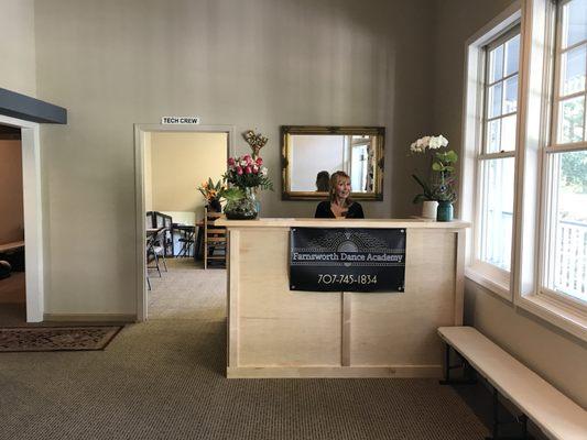 Our lobby and front desk with a view of our study room for dancers