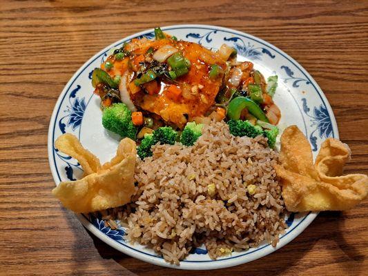 Spicy salmon curry, won tons, fried rice.