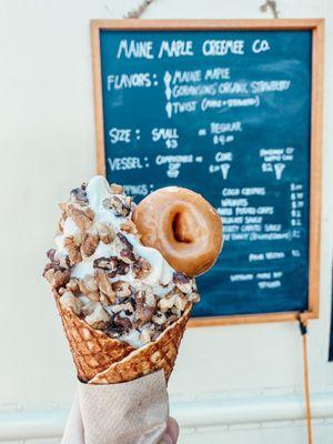 Maple soft serve in a waffle cone with walnuts and an eighty8 maple donut!