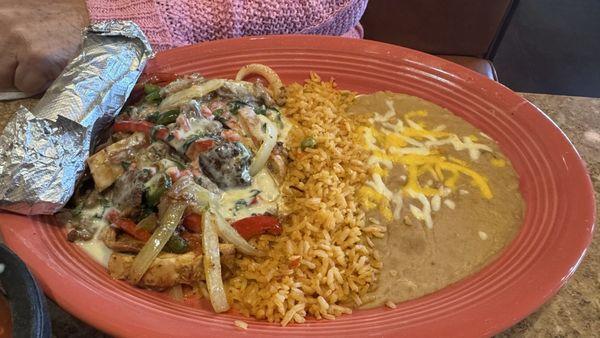 Lunch menu combo D - Chef special- steak, chicken, and carnitas with white cheese queso plus tortillas