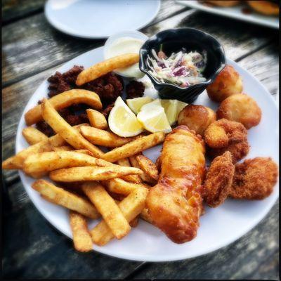 Fried Seafood Platter (fried shrimp, clams, scallops, cod, cole slaw & Jersey Shore fries)