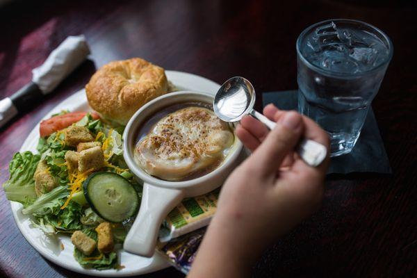 We make our chicken salad (for our sandwiches) and French onion soup fresh every day in our kitchen.