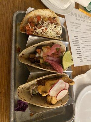 Blackened fish taco, crispy pork belly taco & short rib taco