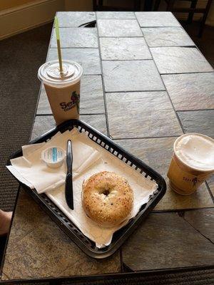 Frozen caramel macchiato, cappuccino, and toasted bagel