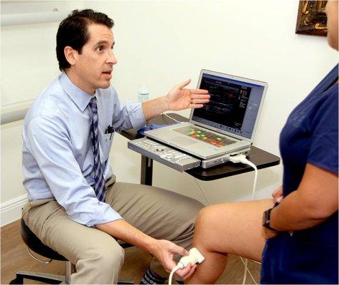 Dr. Malvehy performs an ultrasound prior to varicose veins removal treatment.