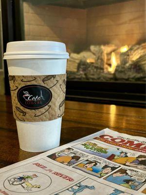 Coffee, The Seattle Times comic strip, and a cozy fireplace