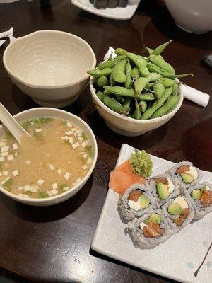 Miso soup, Philadelphia roll, edamame