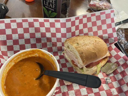 Red pepper and Gouda soup with turkey and cheese sub