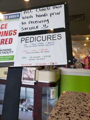 List of pedicure options.