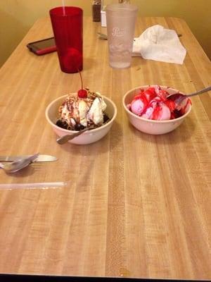 Hot fudge brownie and strawberry sundae