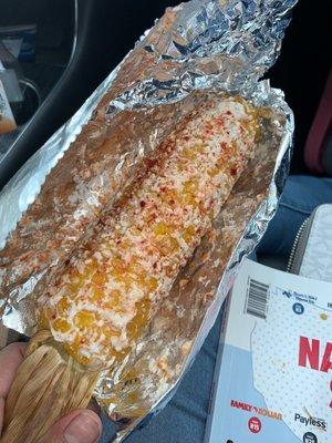 Roasted Corn ona Cob , con todo.  (foil messed up the original presentation ) ask for lime , trust me!