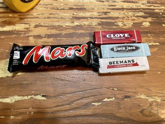 Mars bar, clove, black jack and Beeman's gum