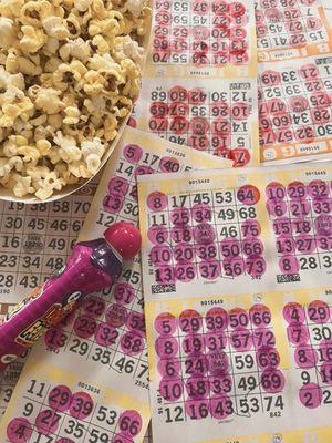 Bingo cards and popcorn