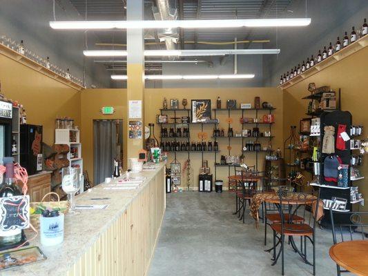 Tasting area and seating inside store.