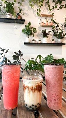 Left to right - Watermelon Lychee Refresher, Crème Brûlée Latte, Strawberry Milk Tea