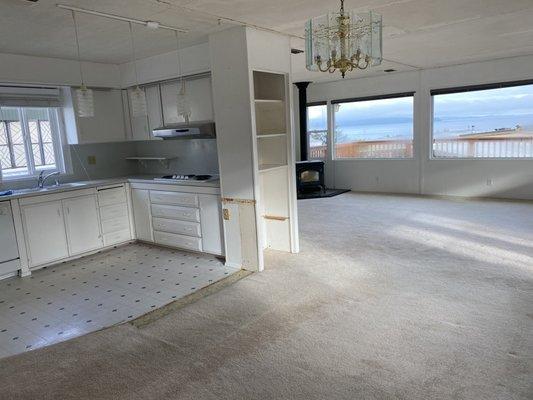 Before pic: old carpet, vinyl and where old kitchen island was