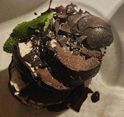 Tartufo - enormous portion of vanilla and chocolate ice cream covered in hard chocolate