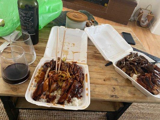 Left: chicken teriyaki bowl (w/rice, noodles, veggies), right: chicken teriyaki and beef lunch combo