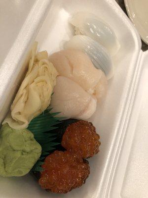 Ika, scallop, ikura