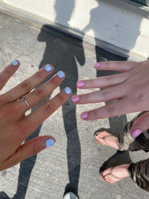 Gel manicures (blue color 161 and pink color 60)