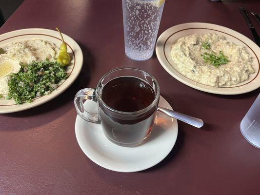 Sage House Tea, Baba Ghanoug , mezze Tabouleh Hummus