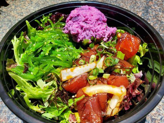 Kaka'ako Bowl with shoyu ahi over salad and sweet potato