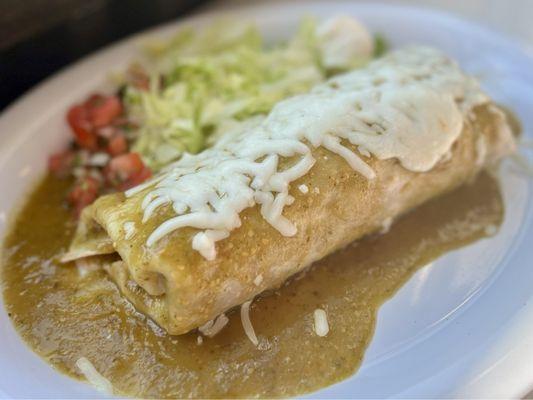 Steak burrito, enchilada style, with tomatillo sauce