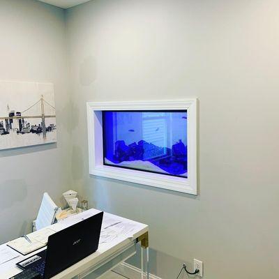 Custom aquarium installed into this office wall.