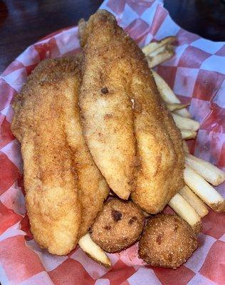 Catfish with fries and hush puppies