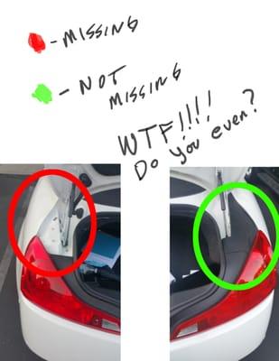 So here it is. I circled the missing plastic part in the red. It should have looked like the part in the green. Who are these people?