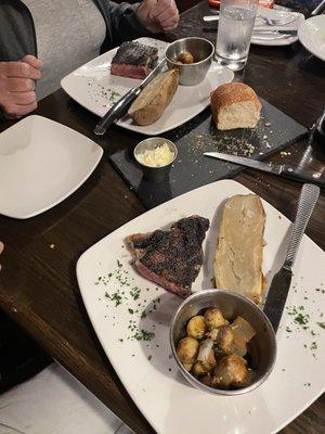 New York, Garlic sauted mushrooms and onions, Baked potato