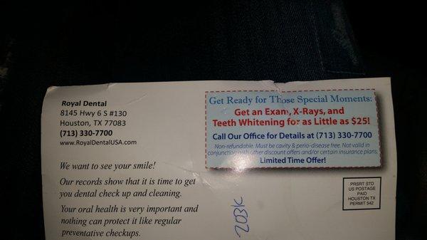 False advertising.. said they only take from new patients. Yet it was sent to me and says check up on it.