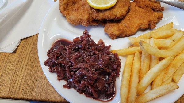 Vienna Scnitzel, sweet n sour red cabbage,  French fries