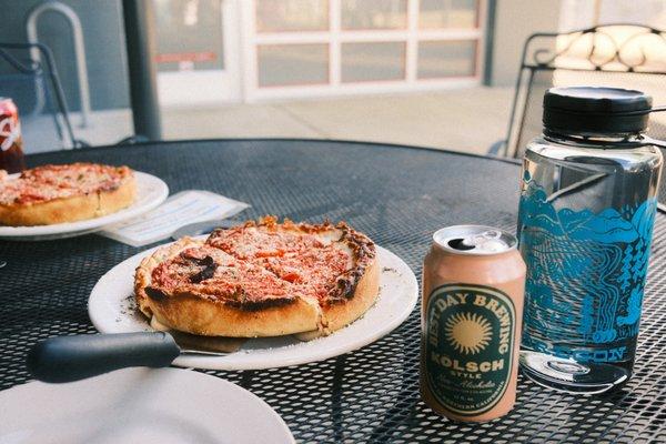 Meaty Whole Pizza w/ non-alcoholic beer