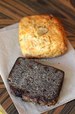 Buckwheat banana bread ($4) and Roasted potato biscuit ($4)