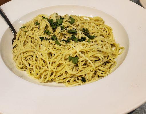 Capellini with basil pesto.