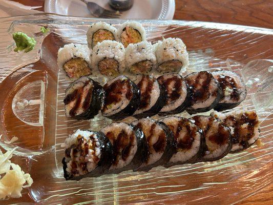 Crunchy Crab Roll, L20. Crab Tempura Roll and shrimp tempura roll.