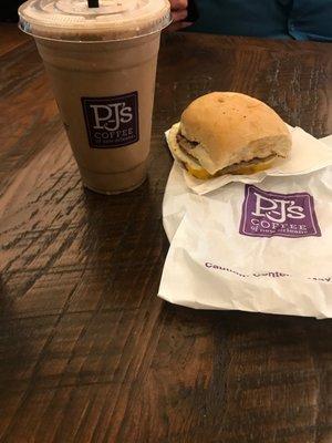 Maple sausage breakfast sandwich and a mocha velvet ice