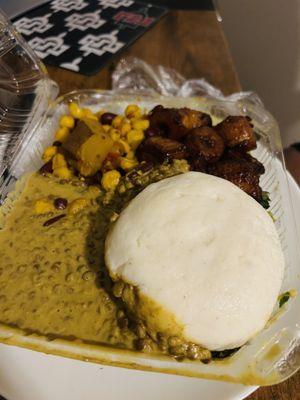 Fufu, lentils, greens and cabbage, plantains and corn!