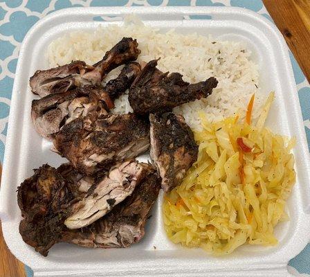 Jerk Chicken with White Rice plus a side of Cabbage