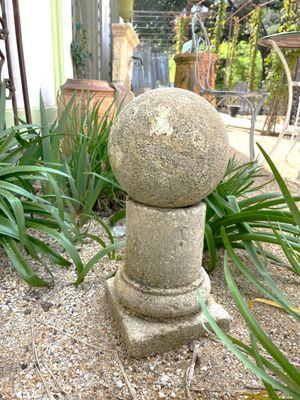 Limestone Ball and Pedestal garden ornament at Charme D'Antan LLc showroom.