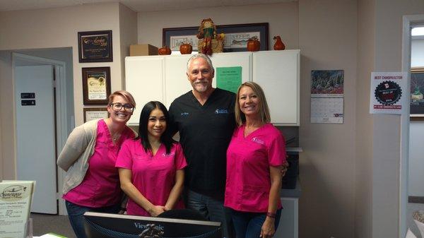 Meet the team, left to right Heather the front desk receptionist, Lorena your therapy hook up, Dr. Cline and Wendy!